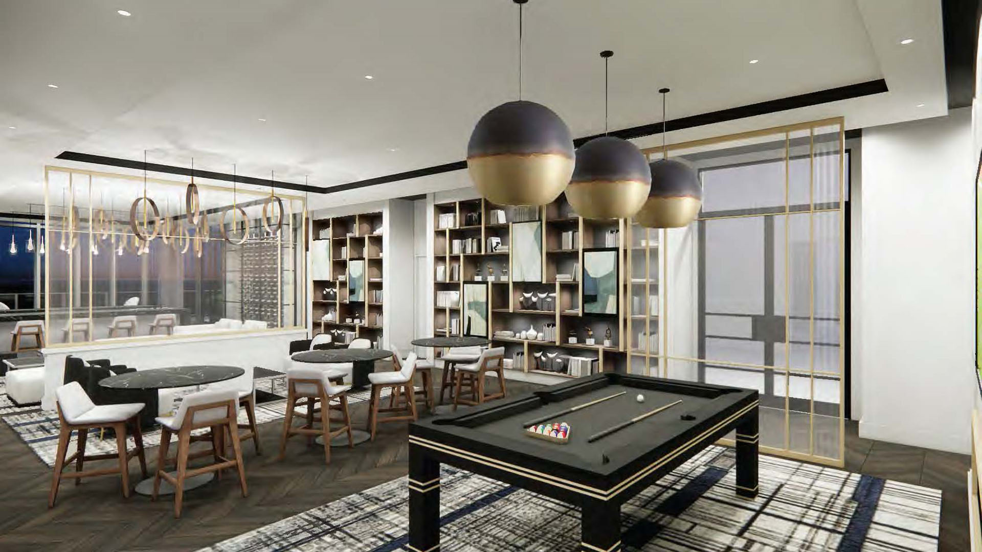 Rendering of Evo lounge with modern design and decor, pool table, and bookshelves.