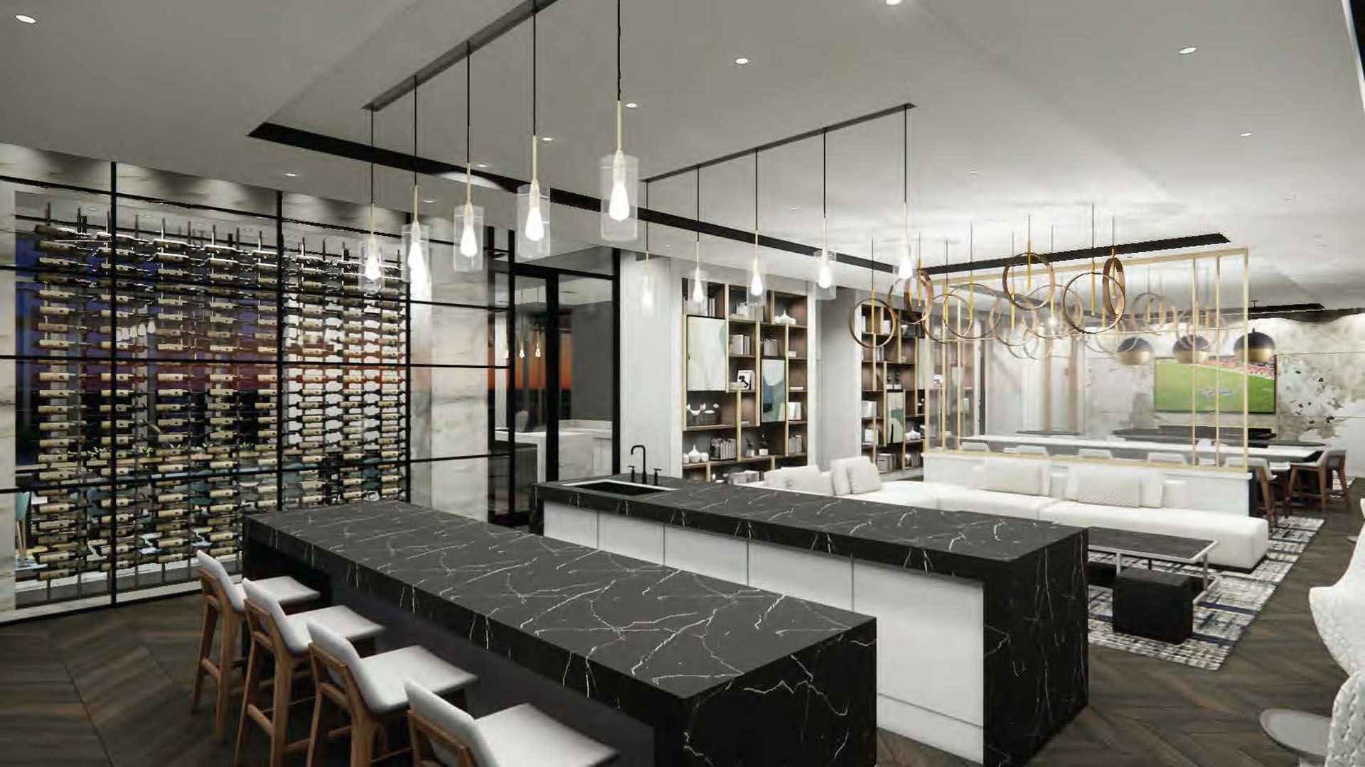 Rendering of Evo lounge with modern design and decor.