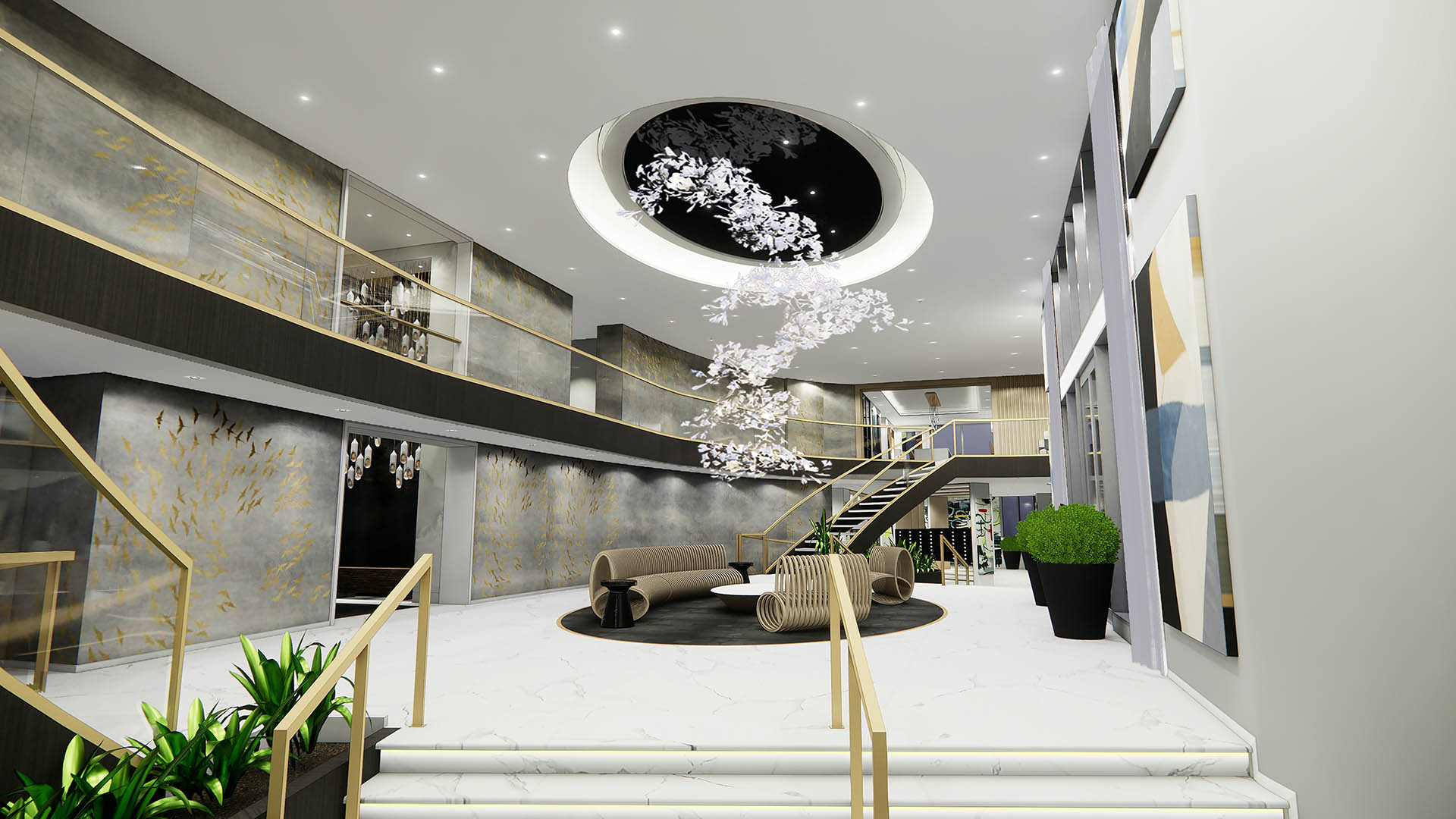 Rendering of Evo lobby with modern design and decor.