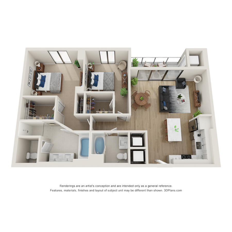 Rendering of the N.1 - Select floor plan with 2 bedroom[s] and 2 bathroom[s] at Evo