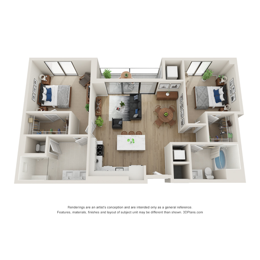 Rendering of the B - Select floor plan with 2 bedroom[s] and 2 bathroom[s] at Evo