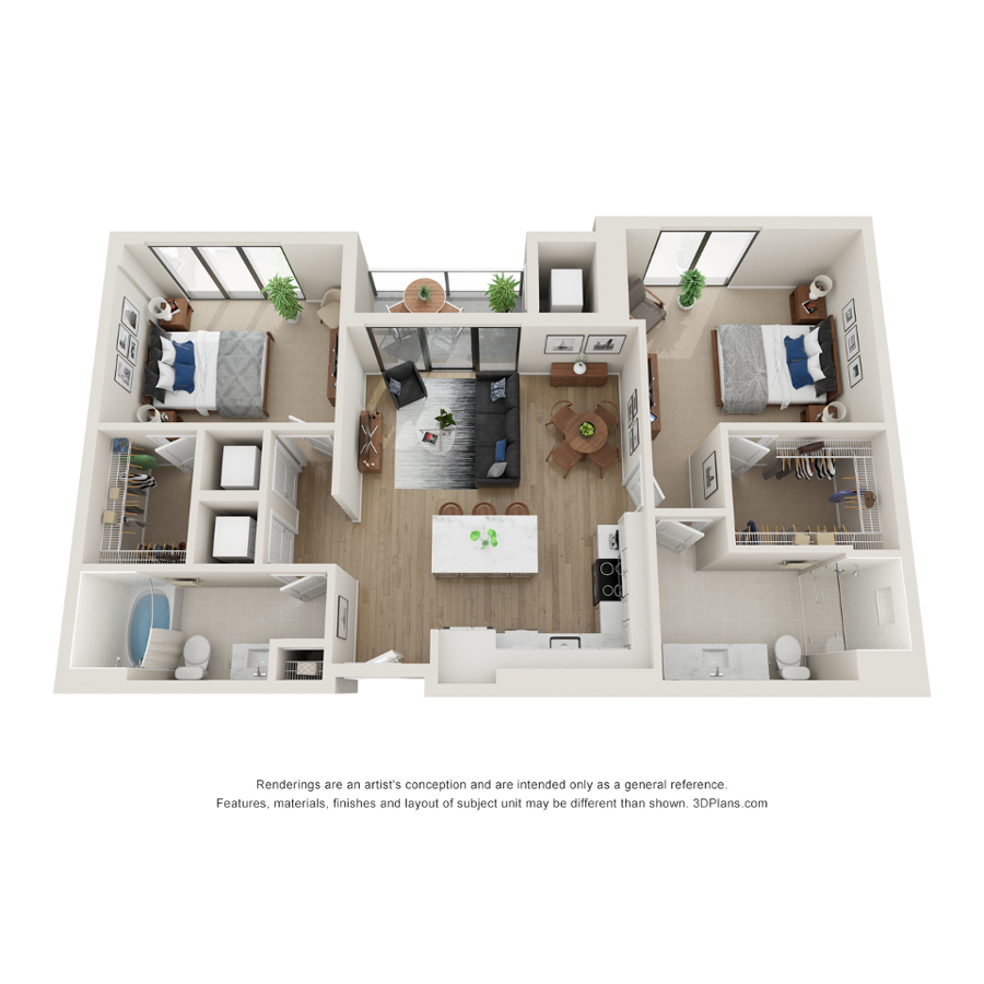 Rendering of the C floor plan with 2 bedroom[s] and 2 bathroom[s] at Evo