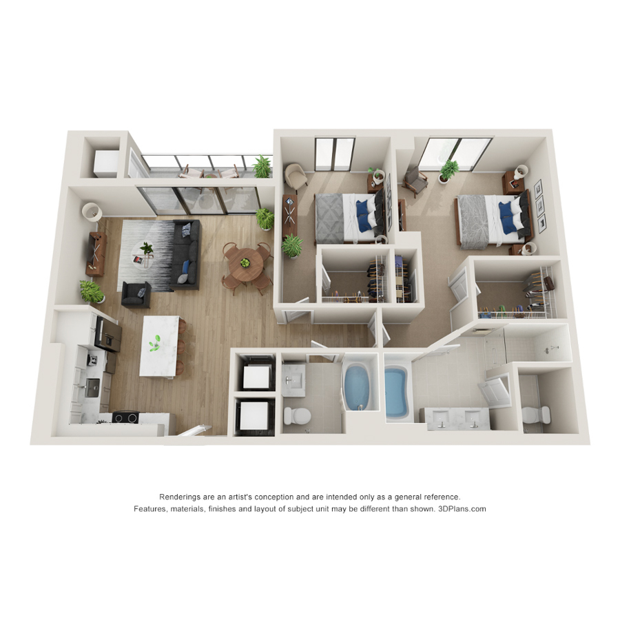 Rendering of the N - Select floor plan with 2 bedroom[s] and 2 bathroom[s] at Evo