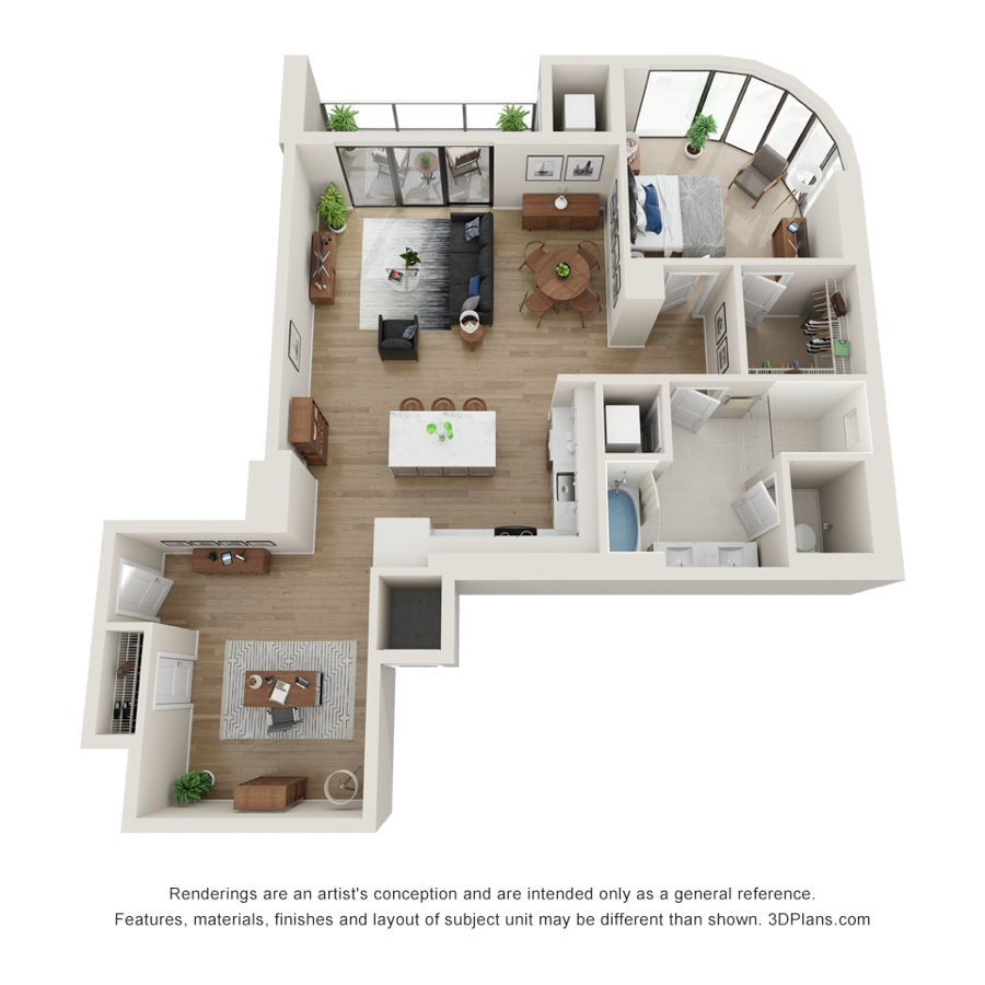 Rendering of the E.1 - Select floor plan with 1 bedroom[s] and 1 bathroom[s] at Evo