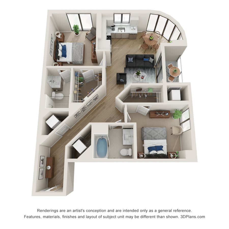 Rendering of the D floor plan with 2 bedroom[s] and 2 bathroom[s] at Evo