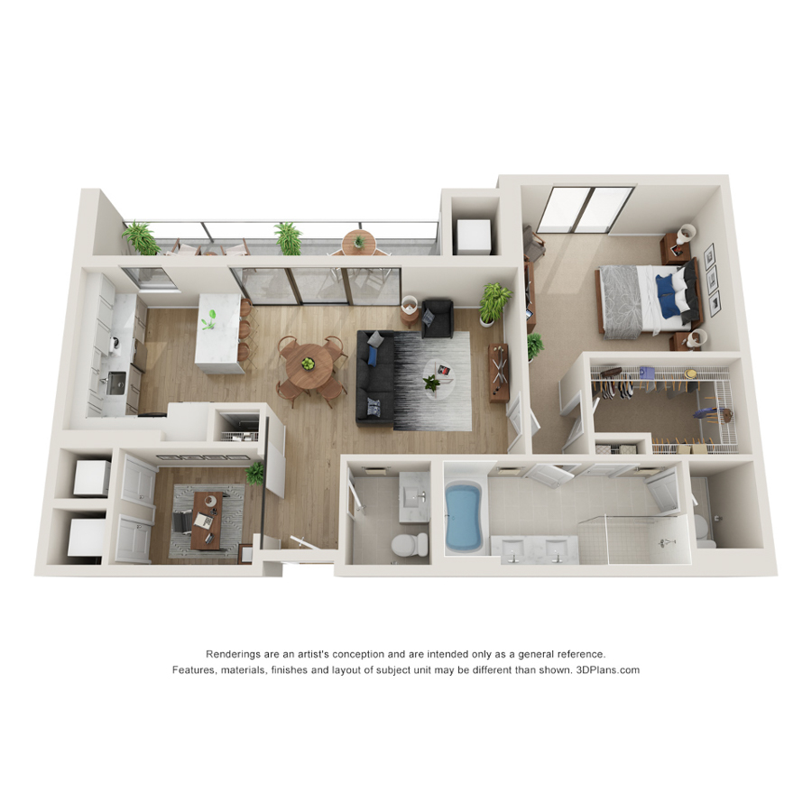 Rendering of the M - Select floor plan with 1 bedroom[s] and 1.5 bathroom[s] at Evo