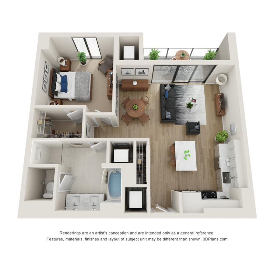 Rendering of the F - Select floor plan with 1 bedroom[s] and 1 bathroom[s] at Evo
