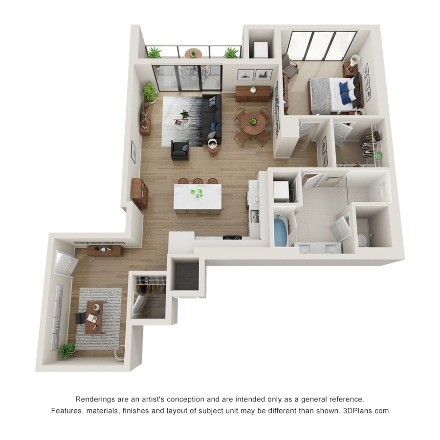 Rendering of the E - Select floor plan with 1 bedroom[s] and 1 bathroom[s] at Evo