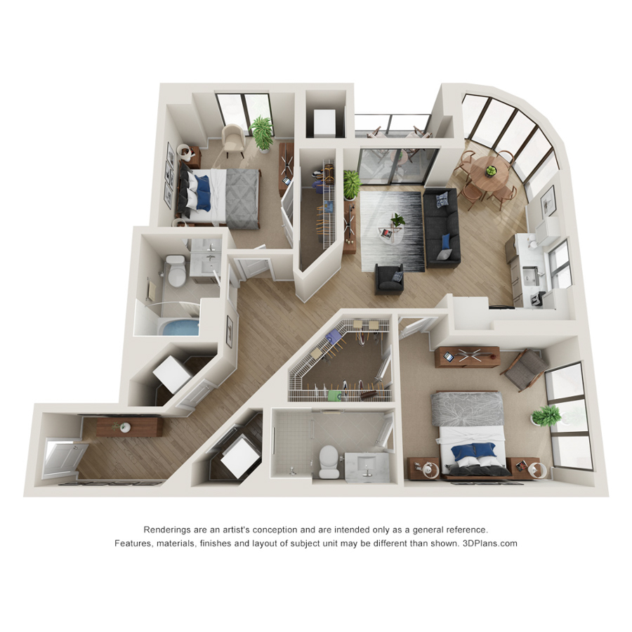 Rendering of the D.1 floor plan with 2 bedroom[s] and 2 bathroom[s] at Evo
