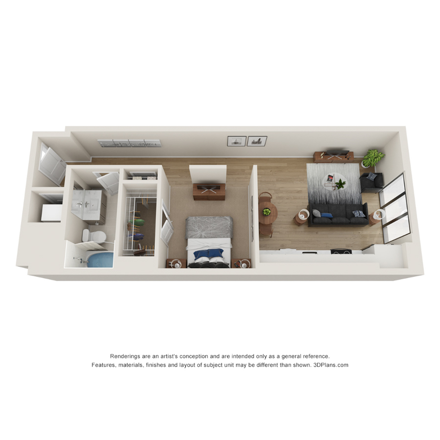 Rendering of the K floor plan with a Studio bedroom and 1 bathroom[s] at Evo